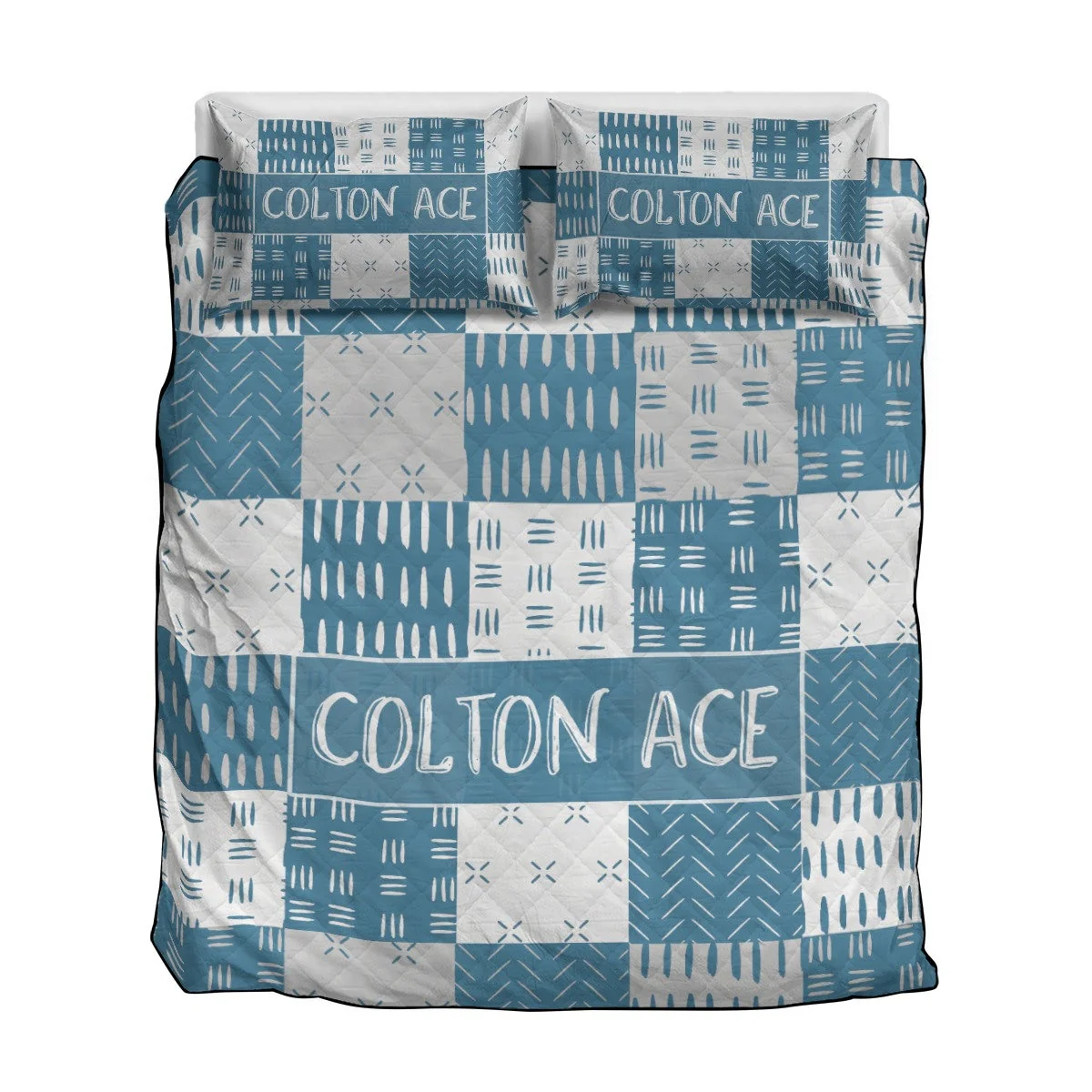 Blue Mudcloth Patchwork Personalized Quilted Bedspread Set - Image 4