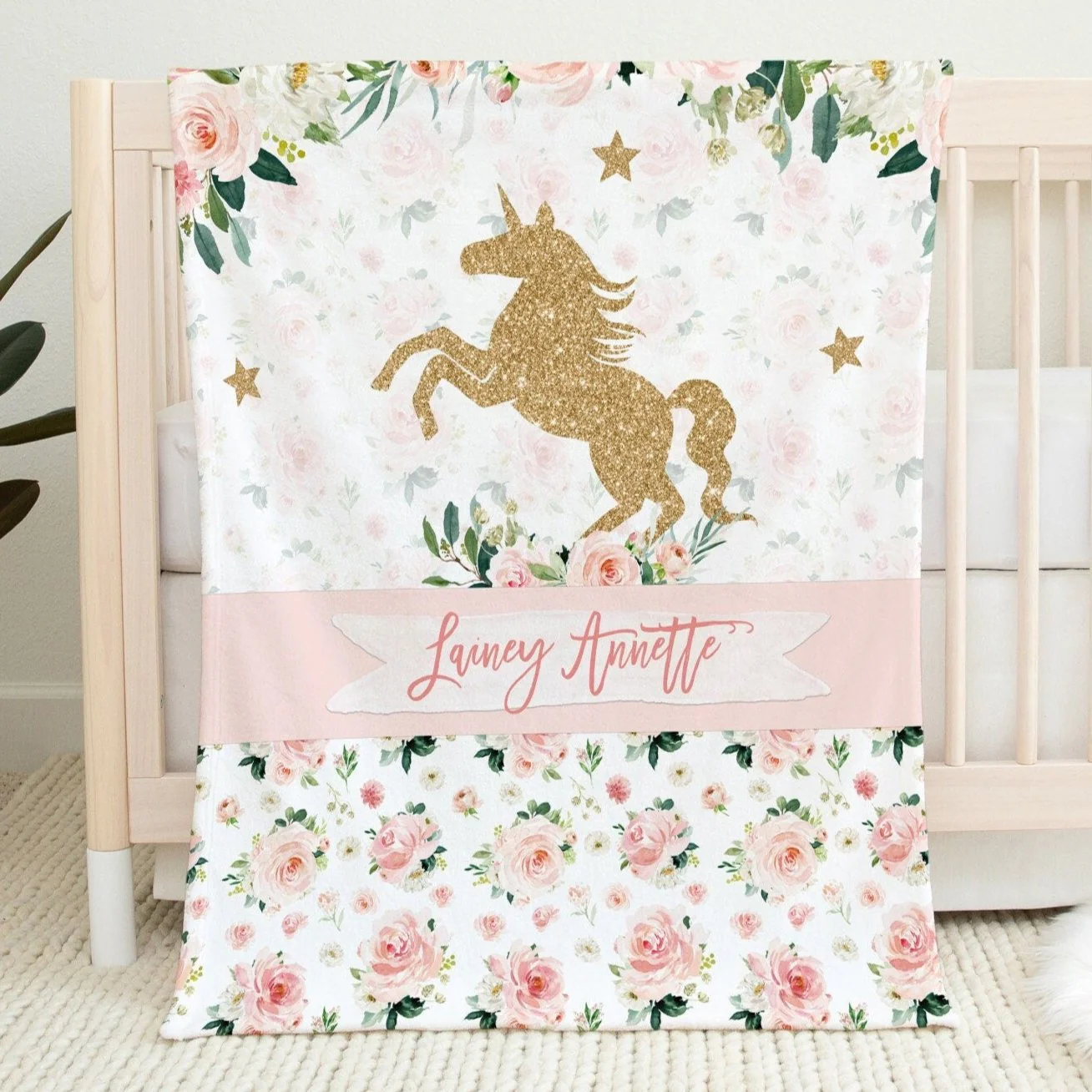 Blush Floral with Unicorn Personalized Blanket for Girl