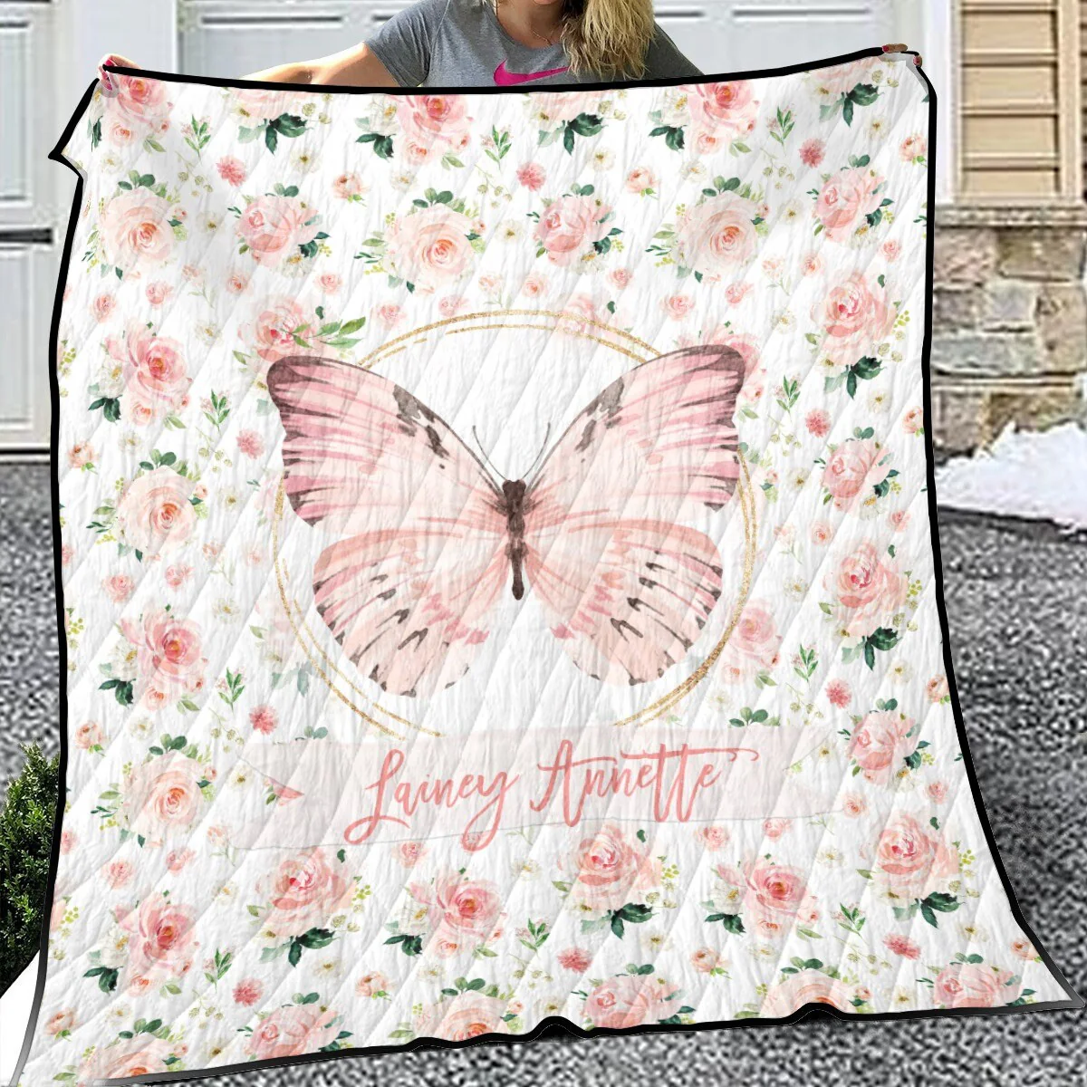 Blush Florals with Butterfly Personalized Quilted Bedspread Set - Image 2