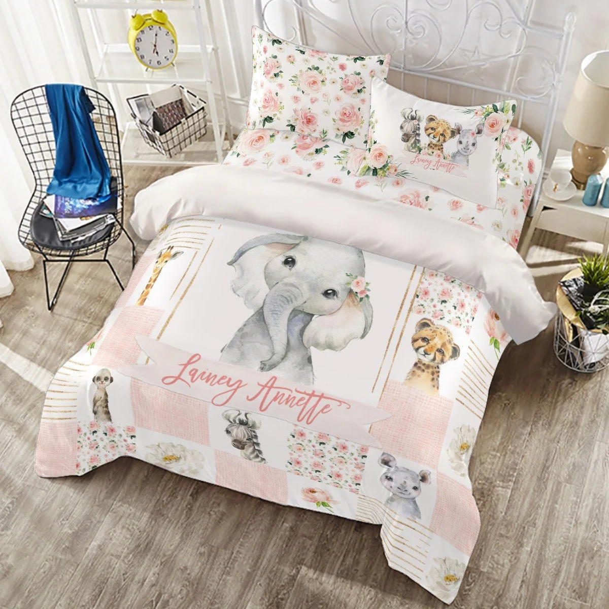 Blush Florals with Elephant Personalized Duvet Cover Set for Girl