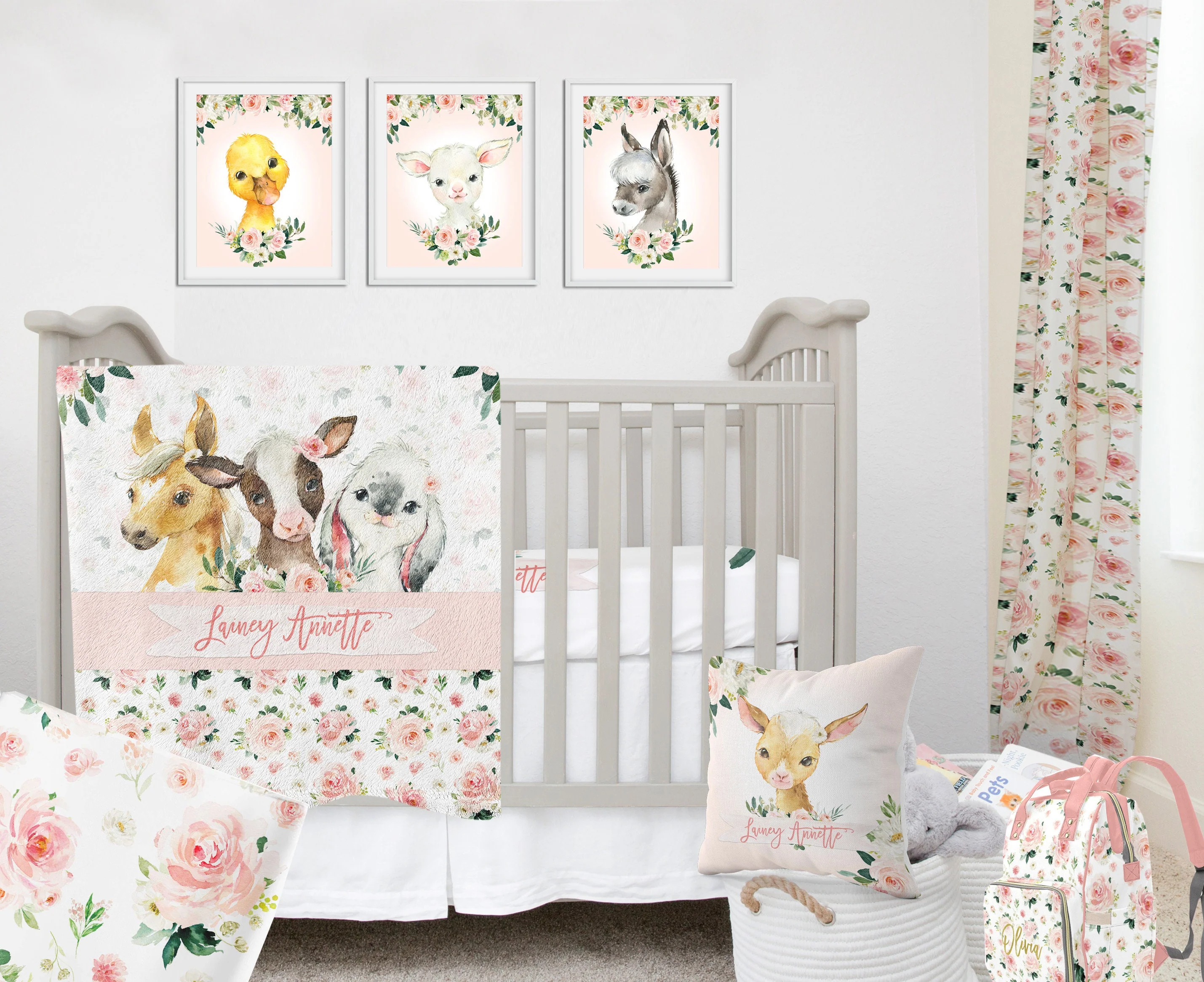 Blush Florals with Farm Animals Personalized Blanket for Girl - Image 2