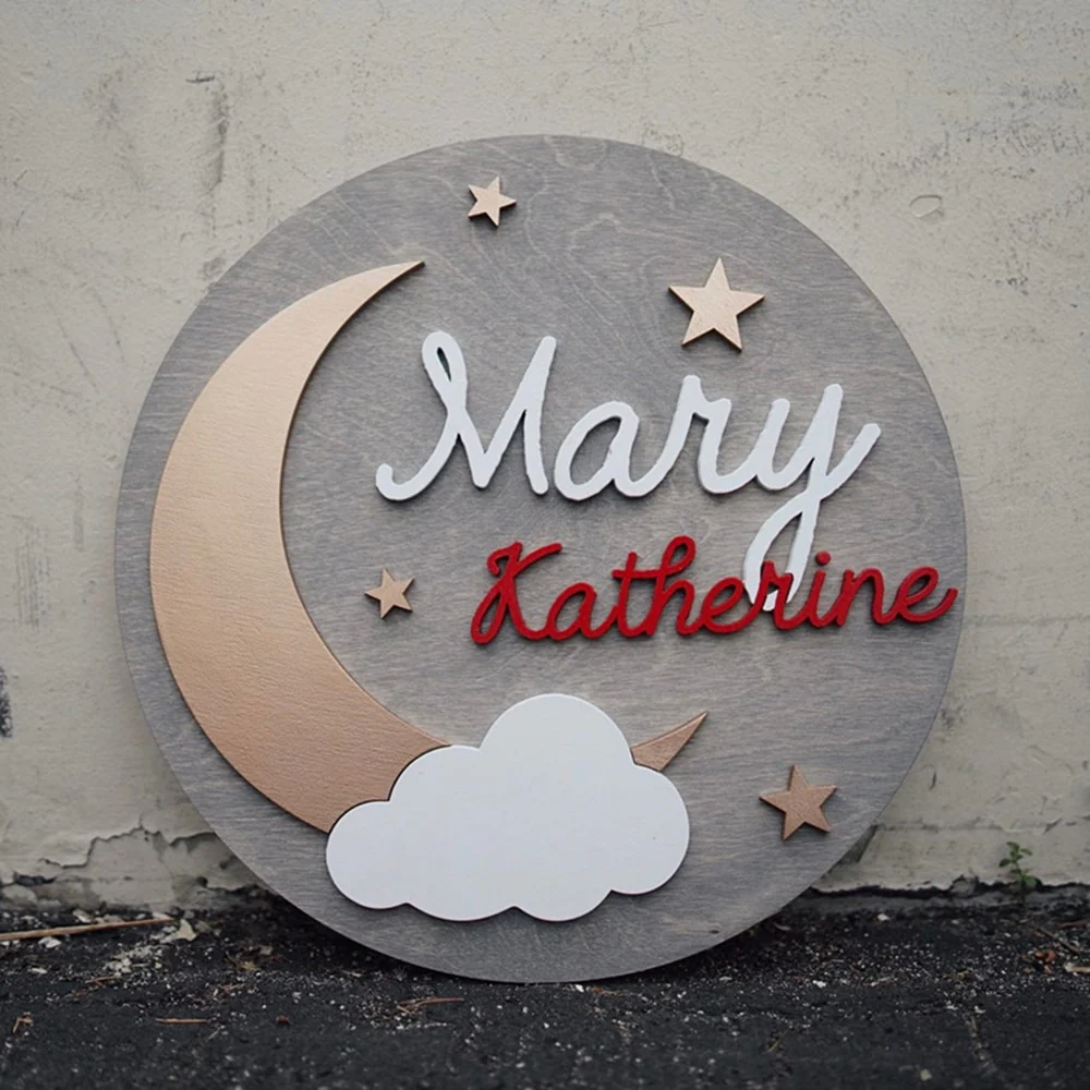 Custom Personalized Wooden Name Sign Moon and Stars - Image 6