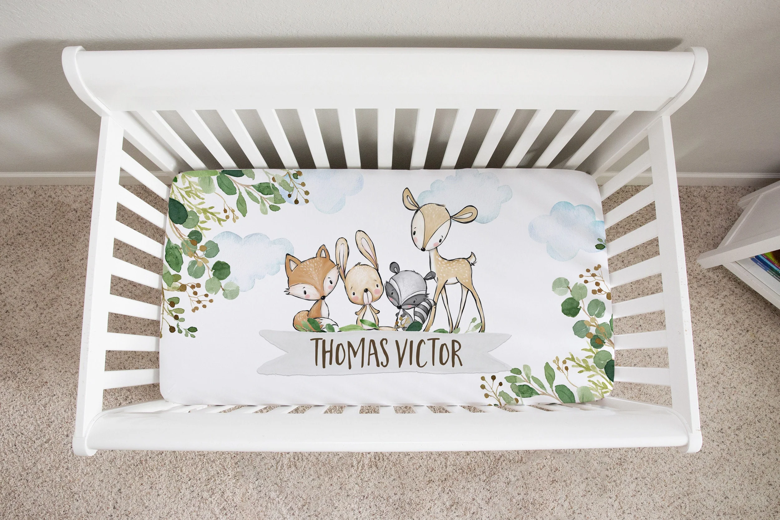 Greenery with Deer and Friends Personalized Crib Sheet for Boy