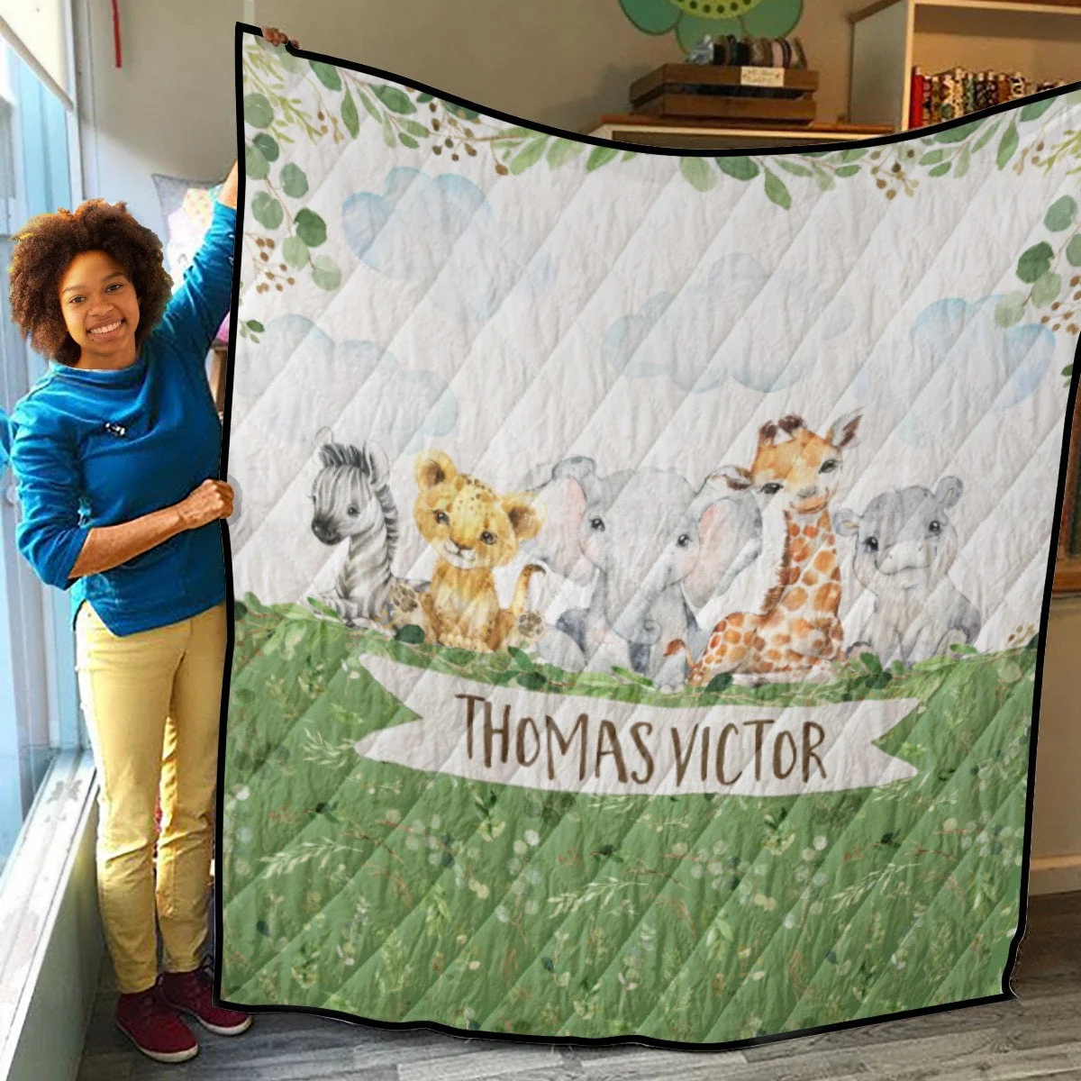 Greenery with Safari Animals Personalized Quilted Bedspread Set - Image 3