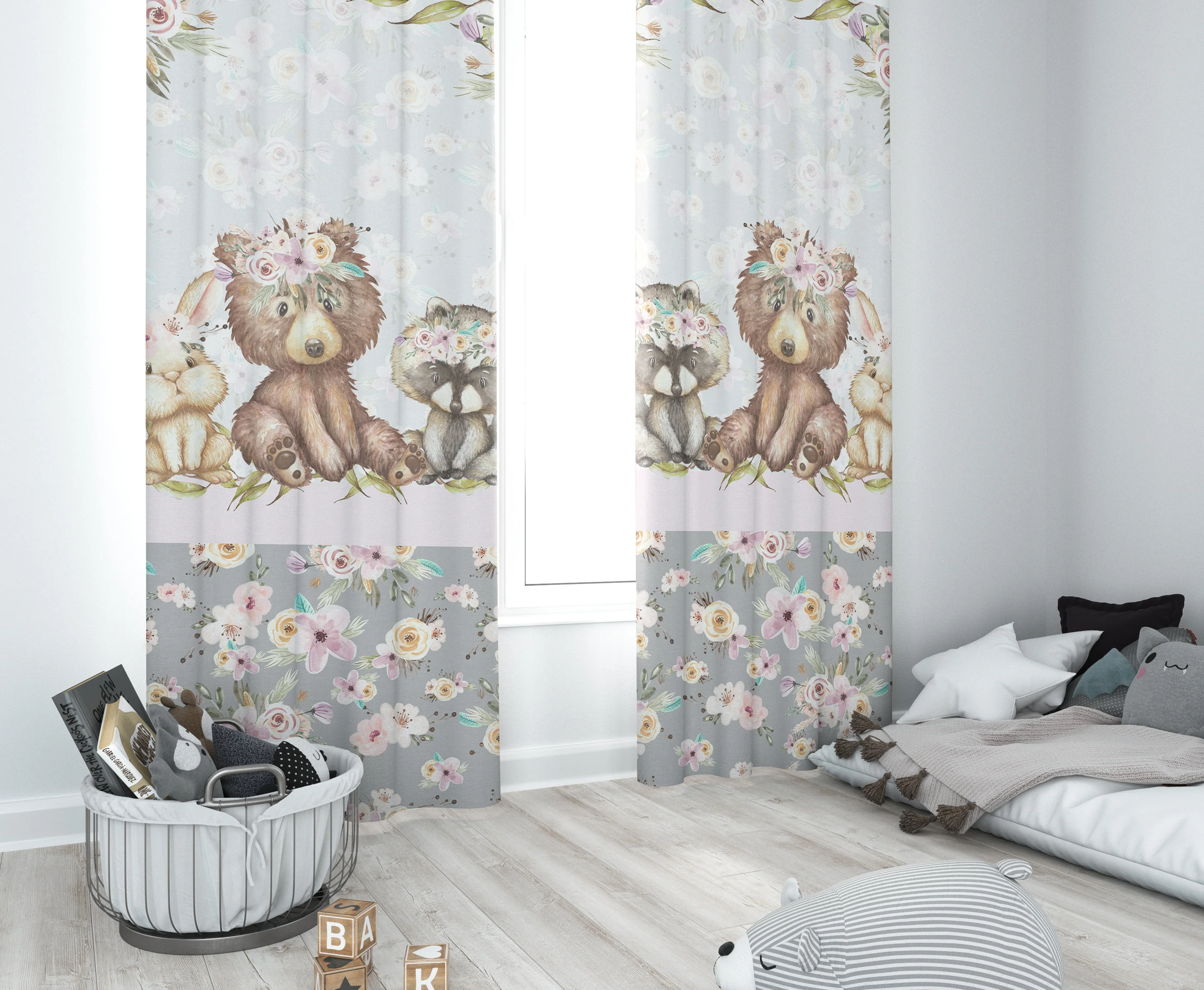 Grey Flowers with Bear Blackout Curtains - Image 2