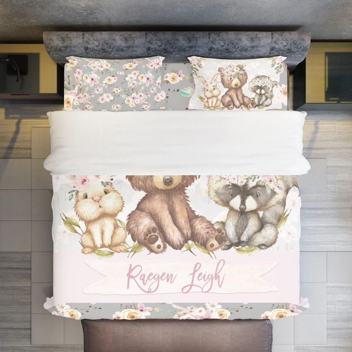 Grey Flowers with Bear Personalized Duvet Cover Set for Girl or Boy - Image 2