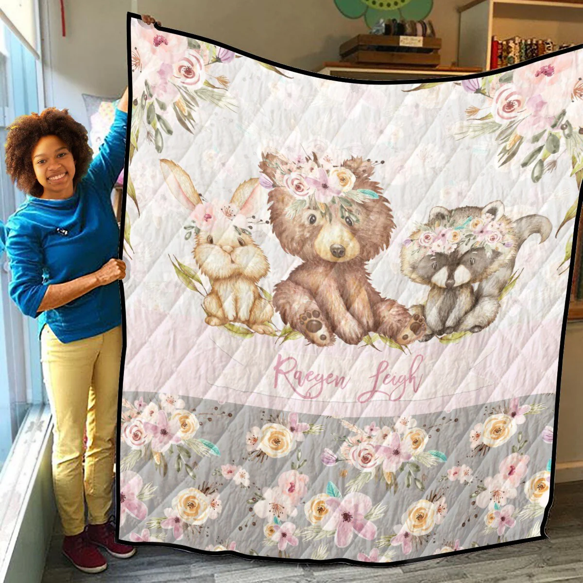 Grey Flowers with Bear Personalized Quilted Bedspread Set - Image 4