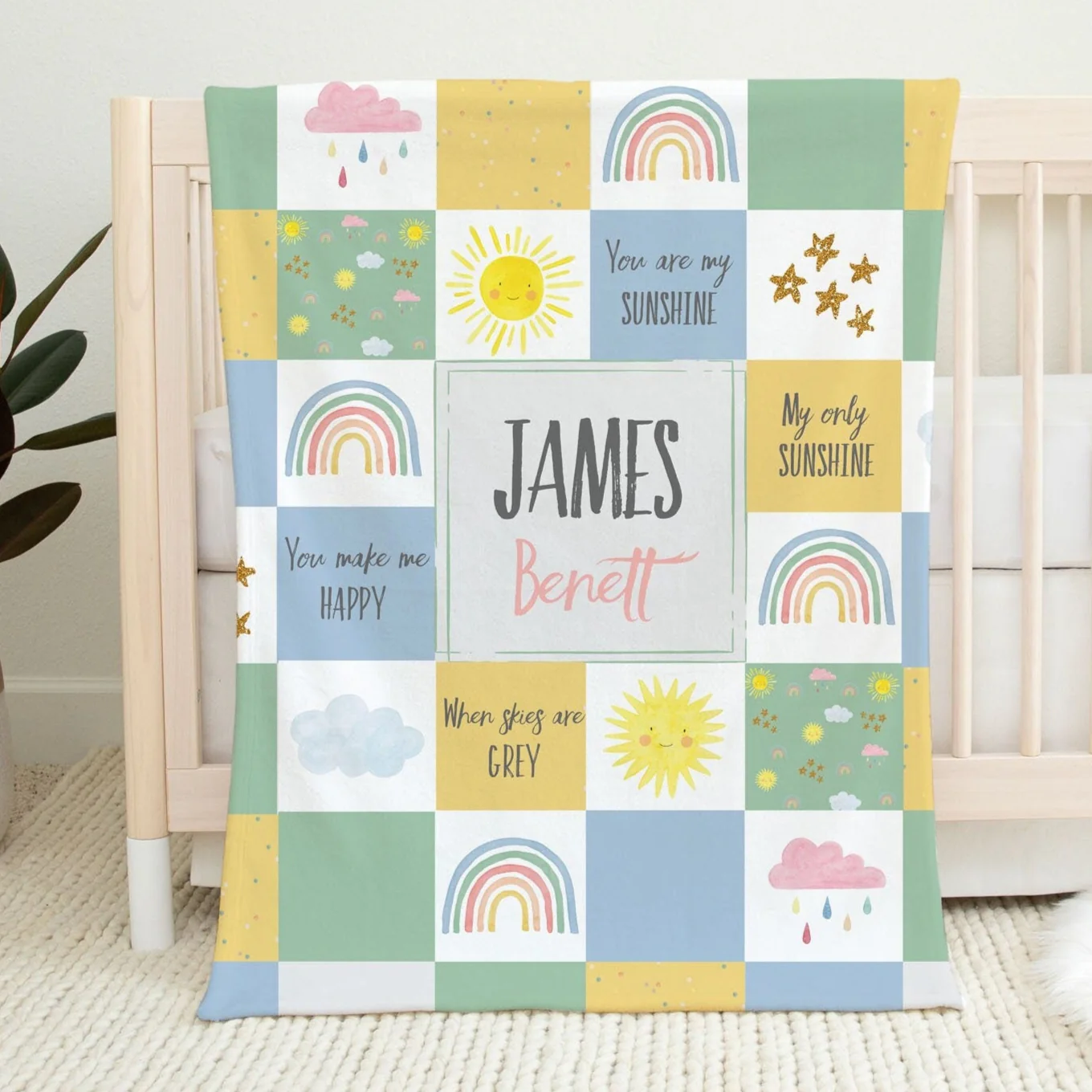 Rainbows and Suns Personalized Blanket For Boy
